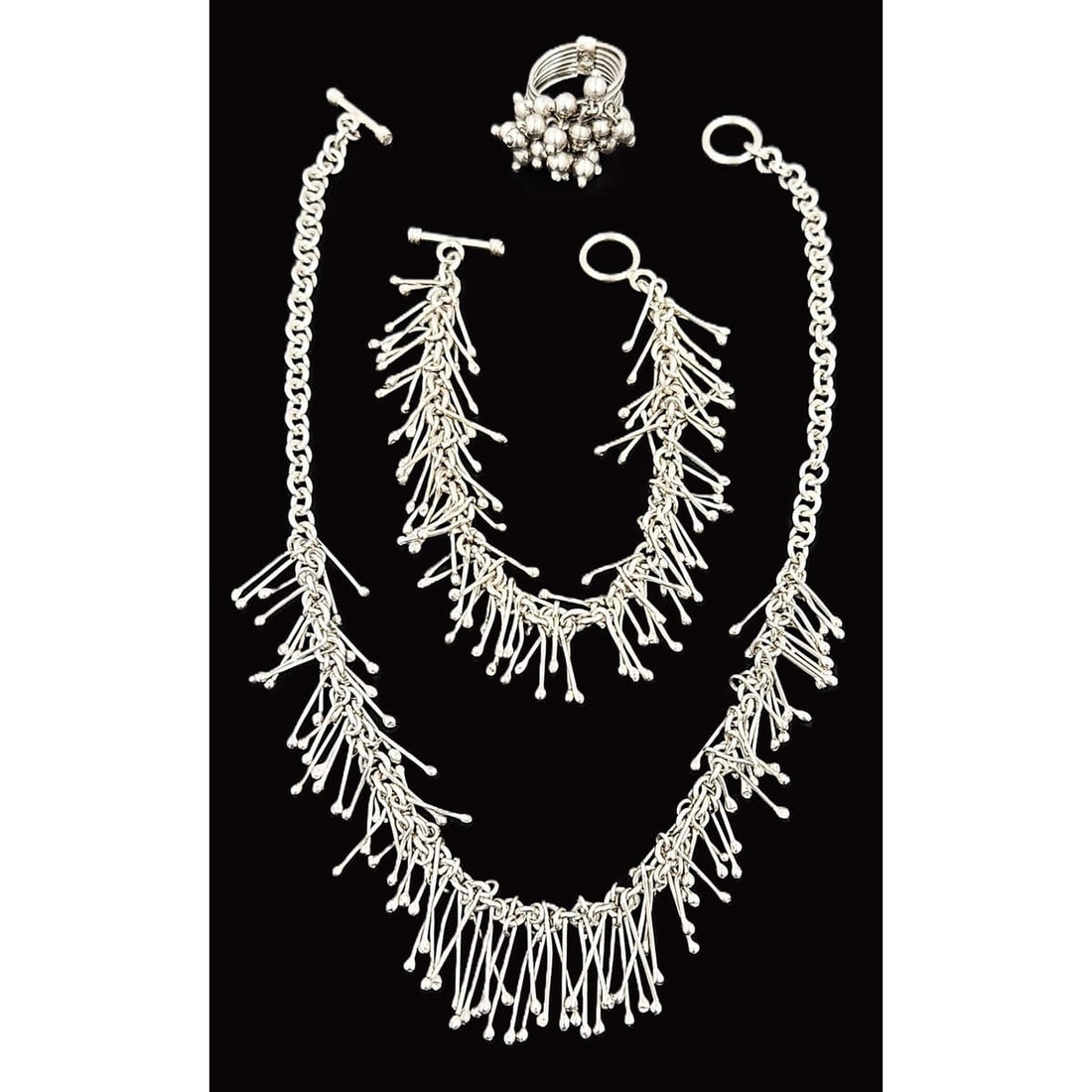 Silpada Jewelry Artisan Sterling Hefty Modernist Kinetic Fringe Necklace Bracelet Ring Set 1980s