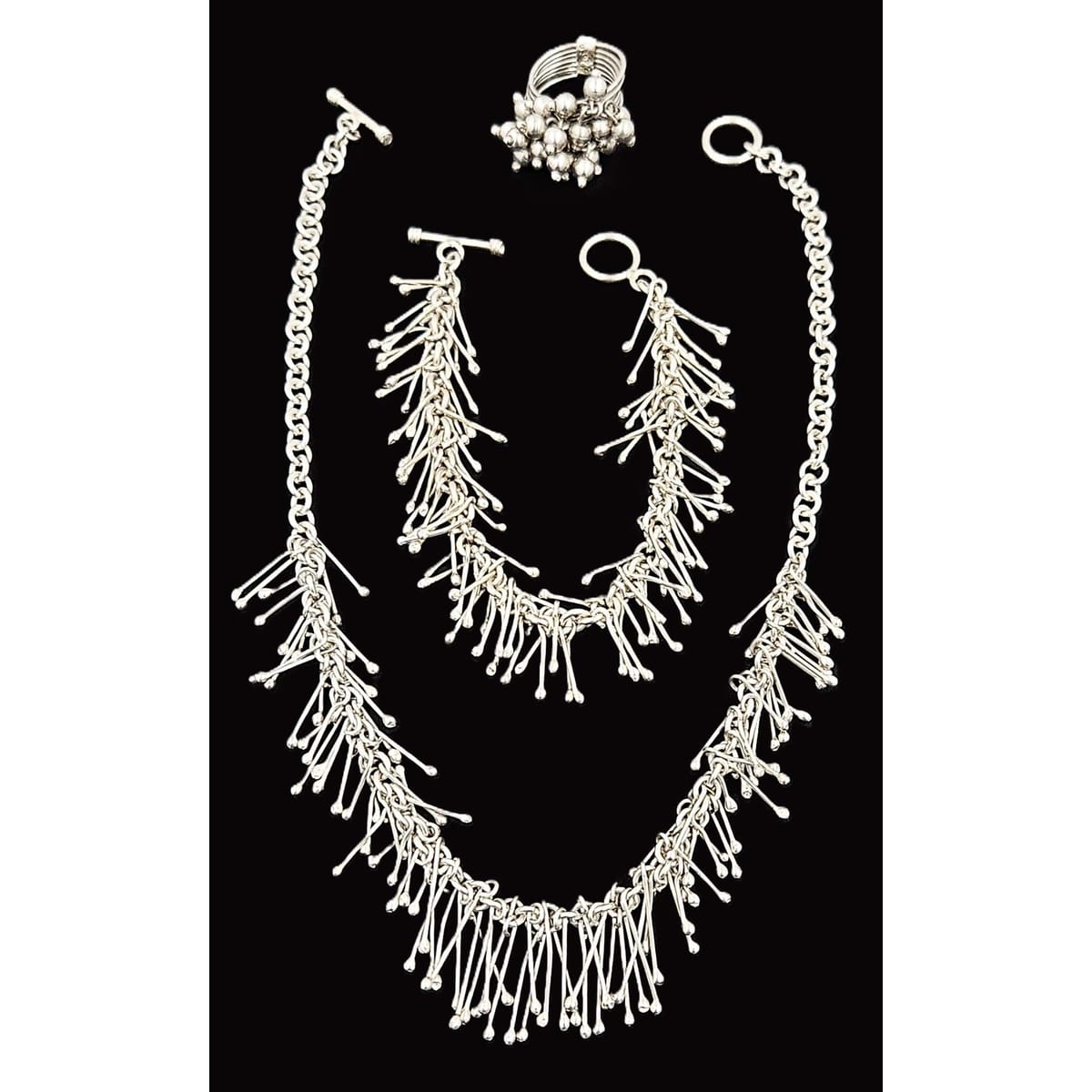 Silpada Jewelry Artisan Sterling Hefty Modernist Kinetic Fringe Necklace Bracelet Ring Set 1980s