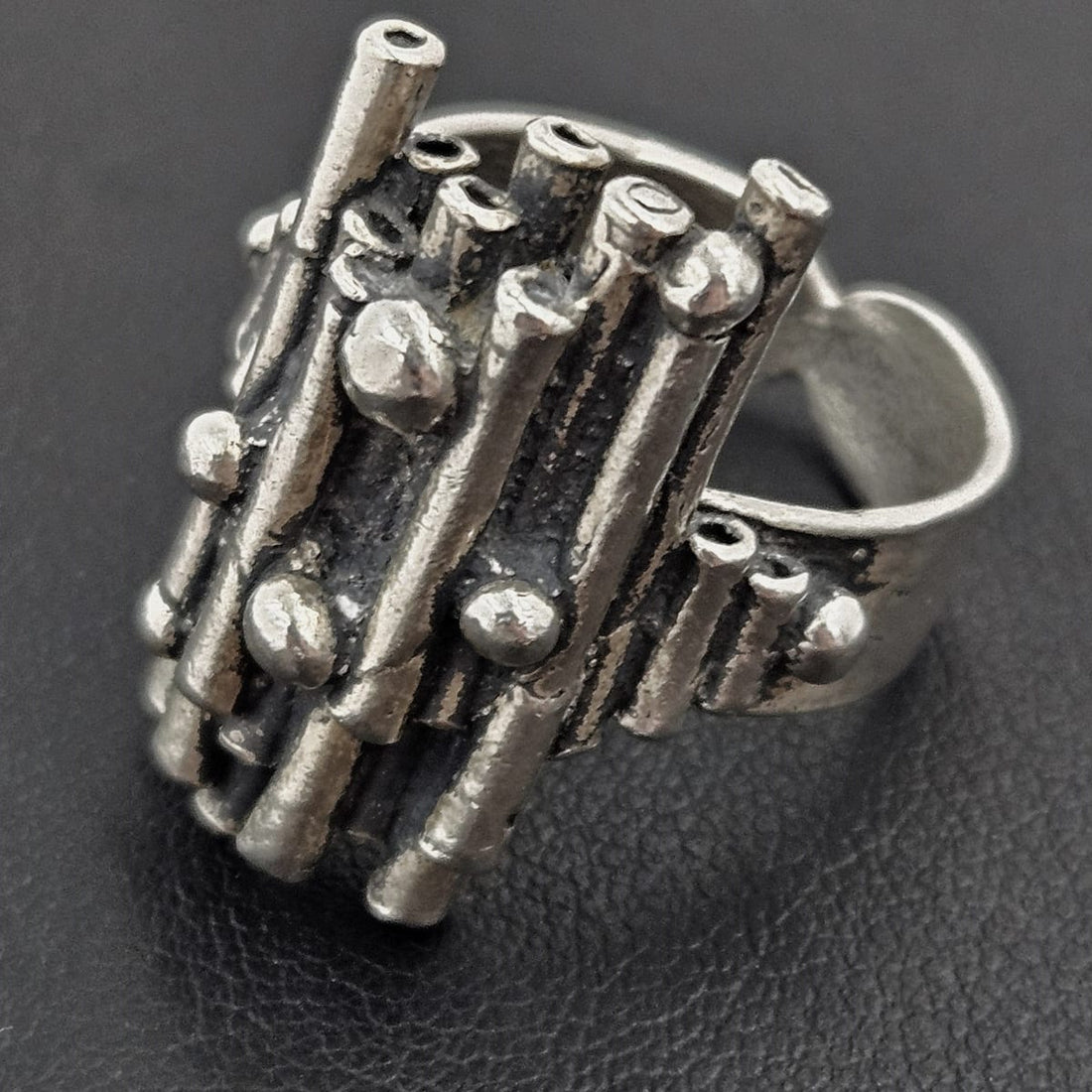 ST 925 Brutalist Ring Jewelry Artisan Signed Sterling Abstract Modernist Brutalist 3D Statement Ring C. 1960s