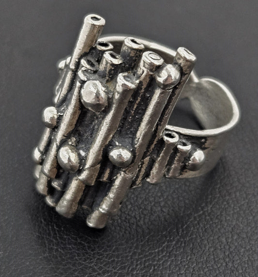 ST 925 Brutalist Ring Jewelry Artisan Signed Sterling Abstract Modernist Brutalist 3D Statement Ring C. 1960s