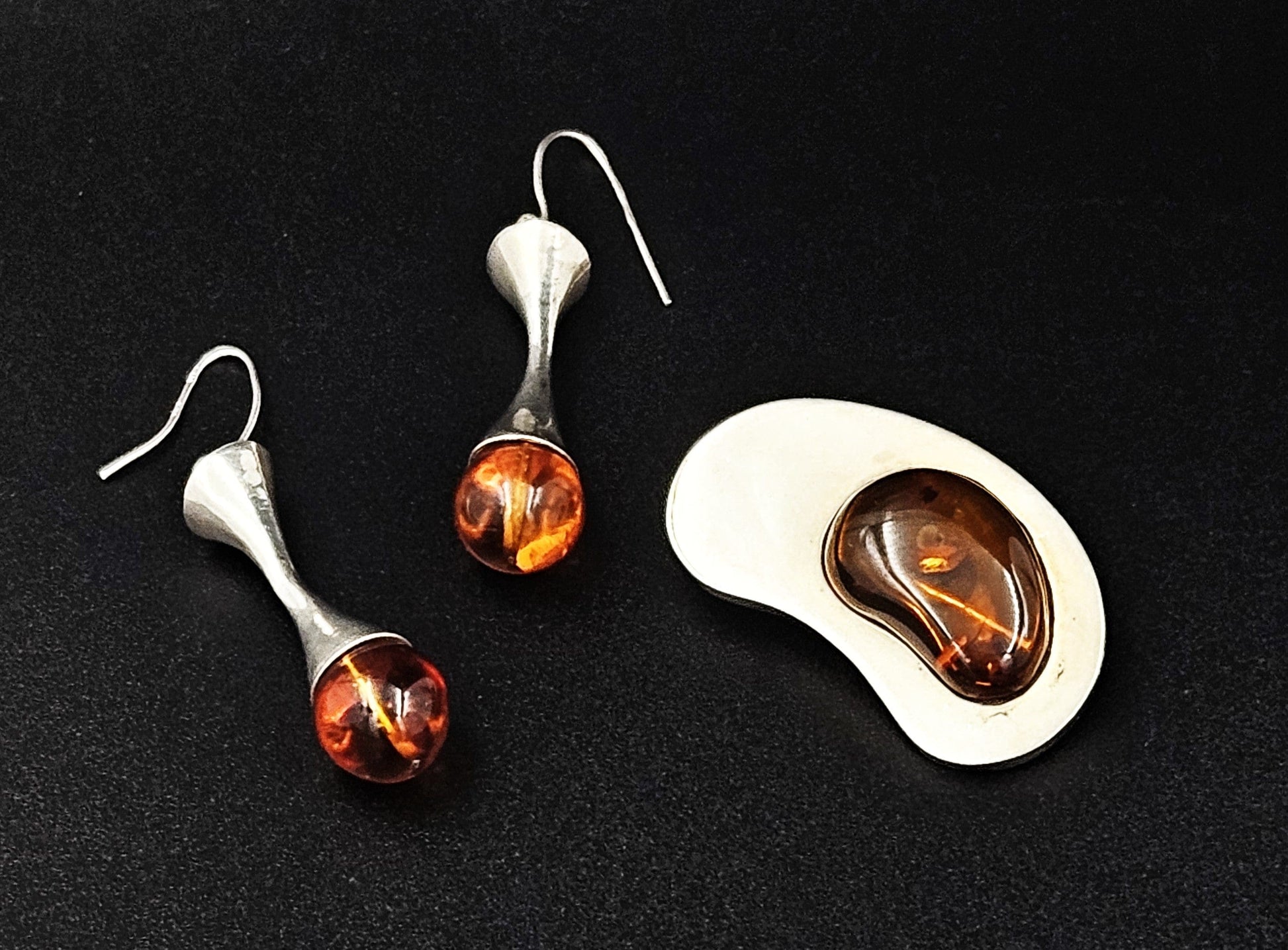 Sterling and Amber Set Jewelry Vintage Scandinavian Sterling & Amber Modernist Brooch & Earrings Set