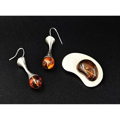 Sterling and Amber Set Jewelry Vintage Scandinavian Sterling &amp; Amber Modernist Brooch &amp; Earrings Set