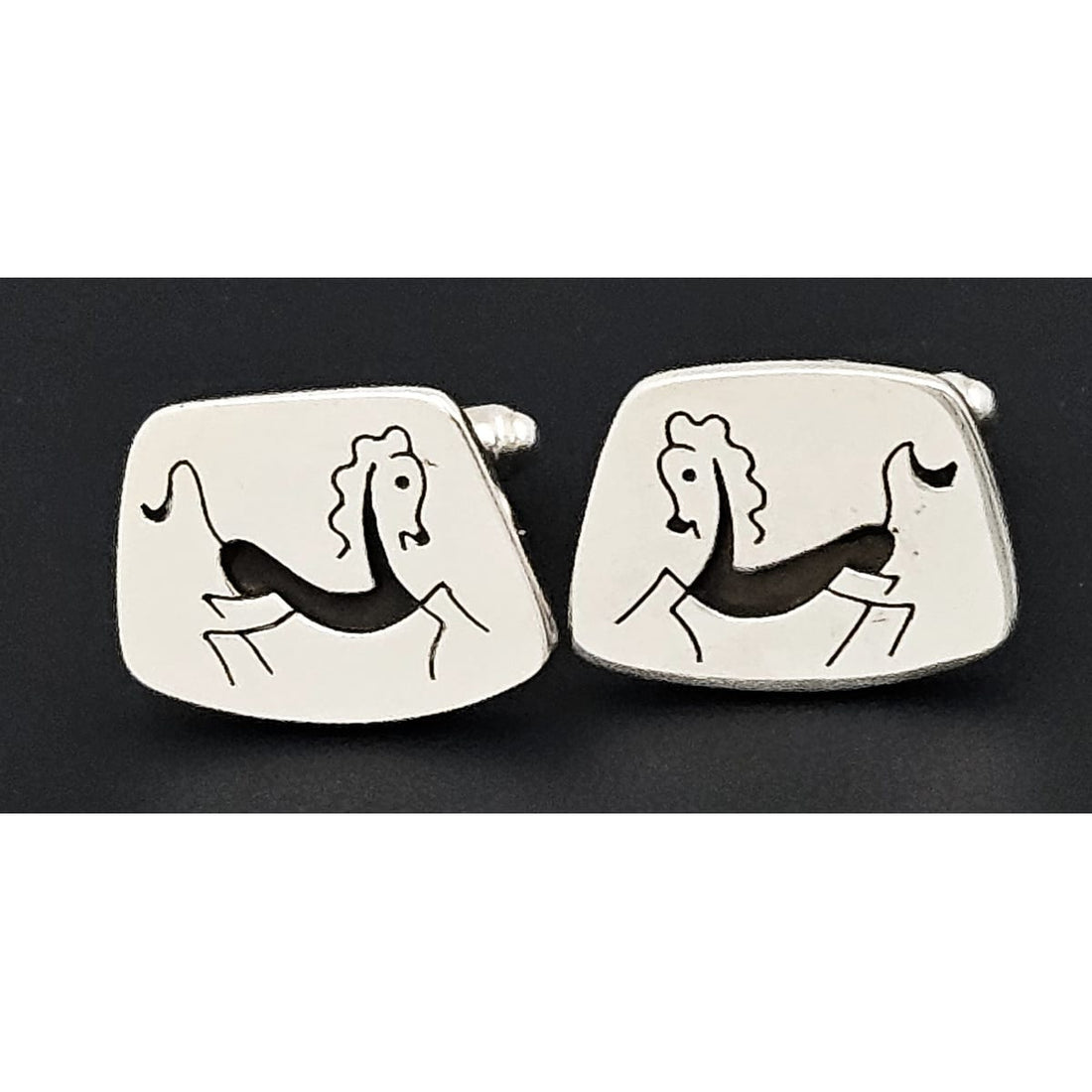 Sterling &amp; Enamel Cufflinks Jewelry Vintage Artisan Sterling &amp; Enamel Primitive Cave Petroglyph Horse Cufflinks