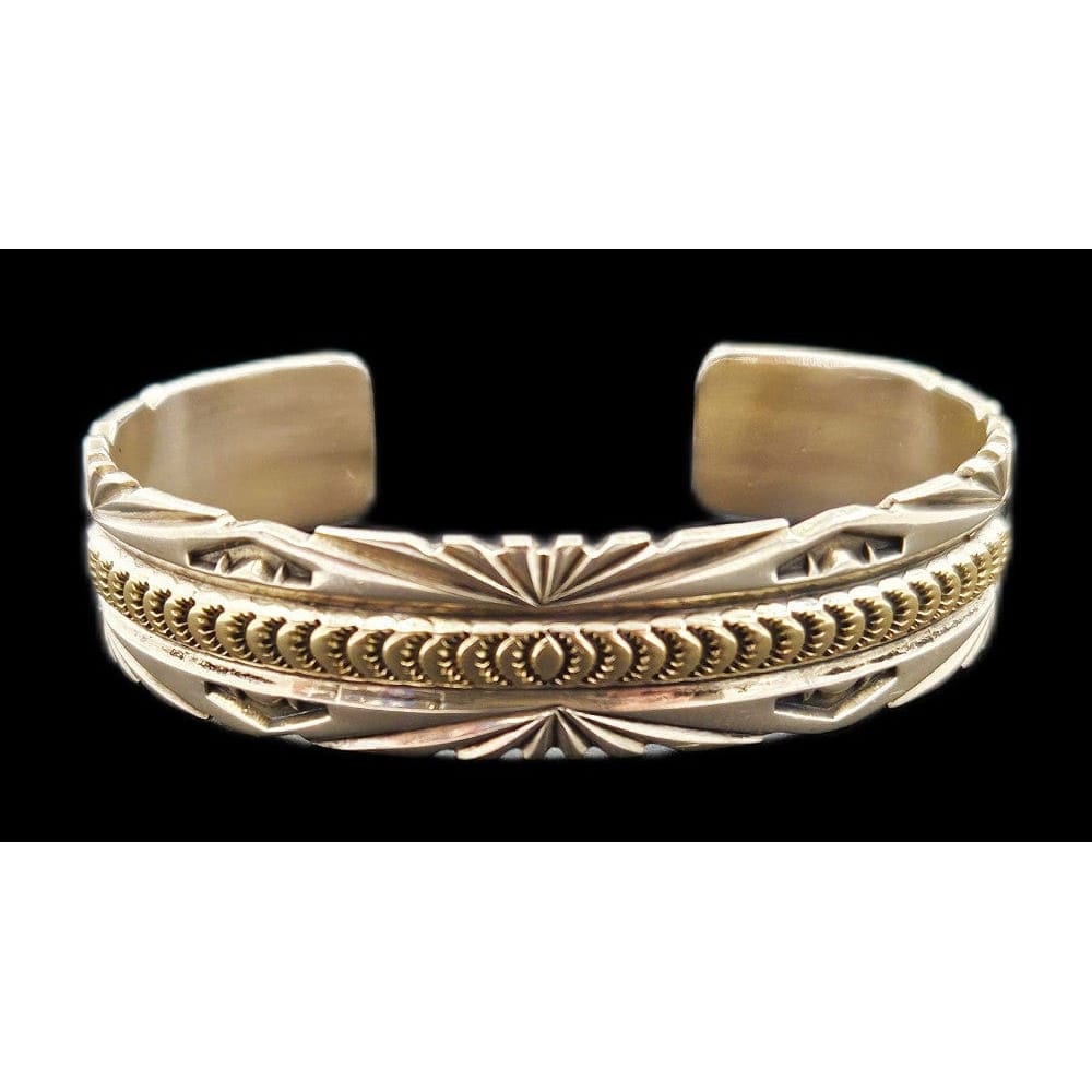 Sunshine Reeves Jewelry Rare Navajo Designer Sunshine Reeves Sterling &amp; 14k Gold Cuff Bracelet 1990s