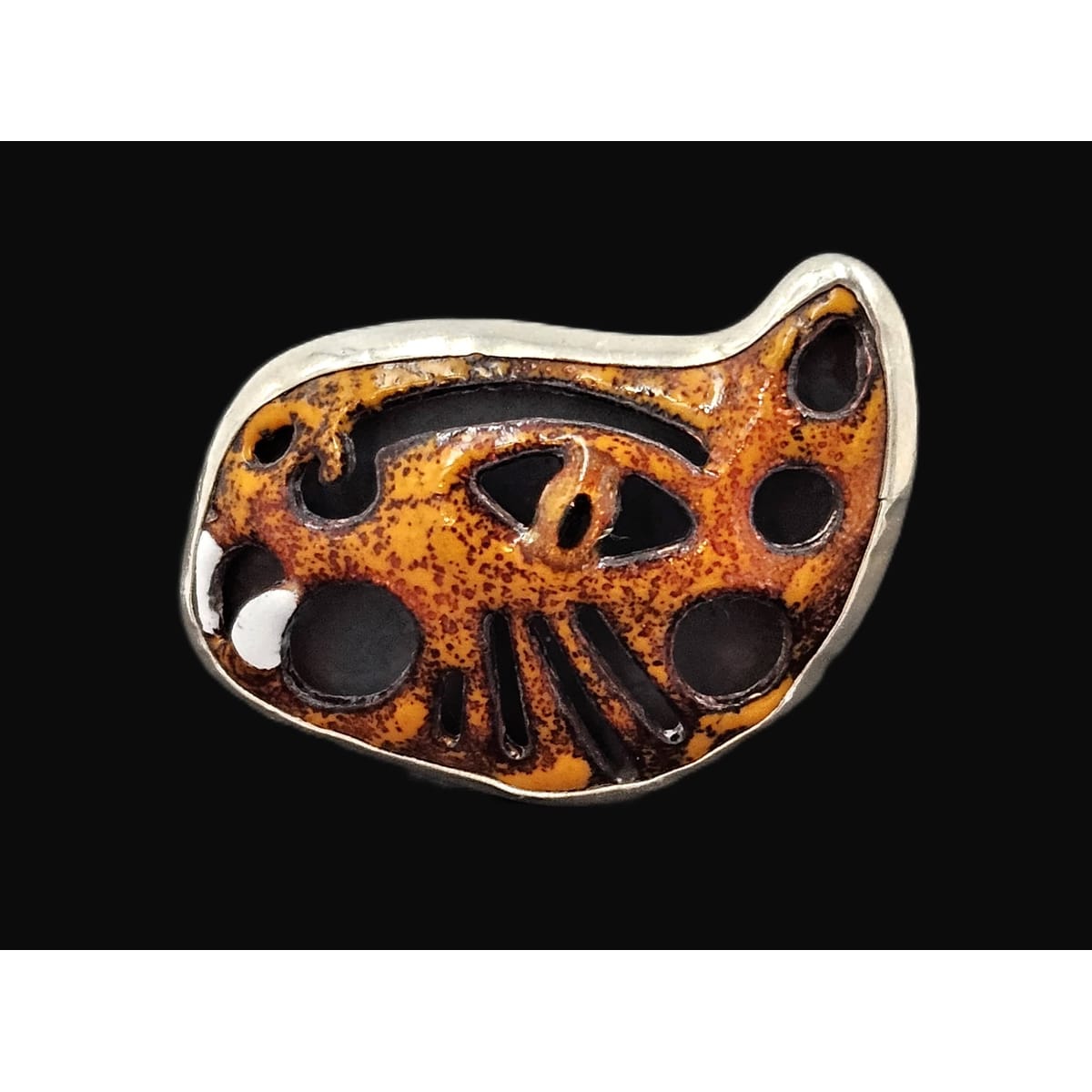 Taxco 925 Ring Jewelry Taxco Sterling &amp; Enamel 3D Abstract Tiger Cat Face Cocktail Ring Signed 1960s