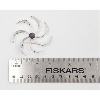 Taxco Sterling Jewelry Taxco Artist JH Sterling Silver &amp; Amethyst Modernist Pin Wheel Brooch C. 1960s