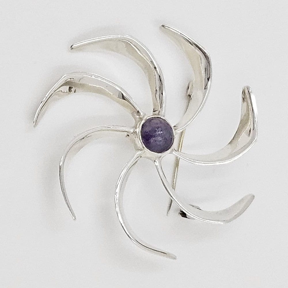 Taxco Sterling Jewelry Taxco Artist JH Sterling Silver &amp; Amethyst Modernist Pin Wheel Brooch C. 1960s