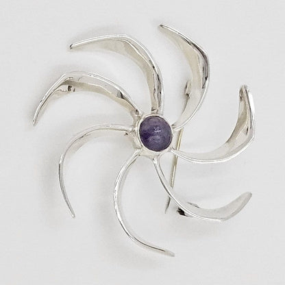 Taxco Sterling Jewelry Taxco Artist JH Sterling Silver &amp; Amethyst Modernist Pin Wheel Brooch C. 1960s