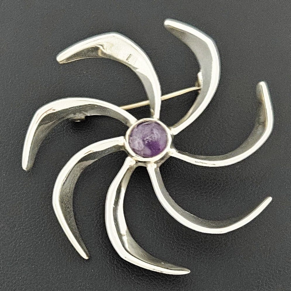 Taxco Sterling Jewelry Taxco Artist JH Sterling Silver &amp; Amethyst Modernist Pin Wheel Brooch C. 1960s