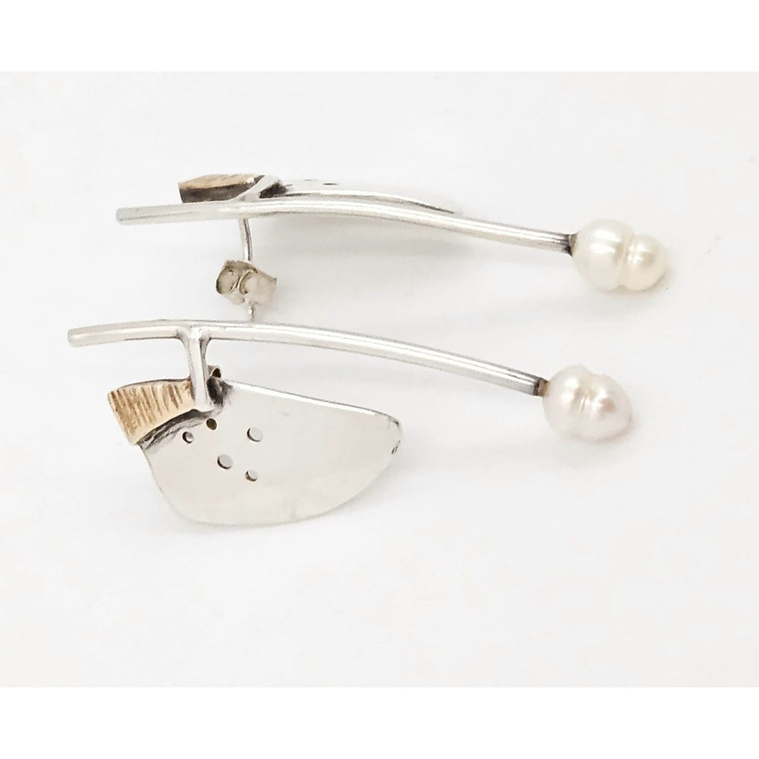 TMCMH Jewelry Artisan Made Sterling Silver 14K Gold Blister Pearl Modernist Long Drop Earrings