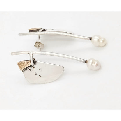 TMCMH Jewelry Artisan Made Sterling Silver 14K Gold Blister Pearl Modernist Long Drop Earrings