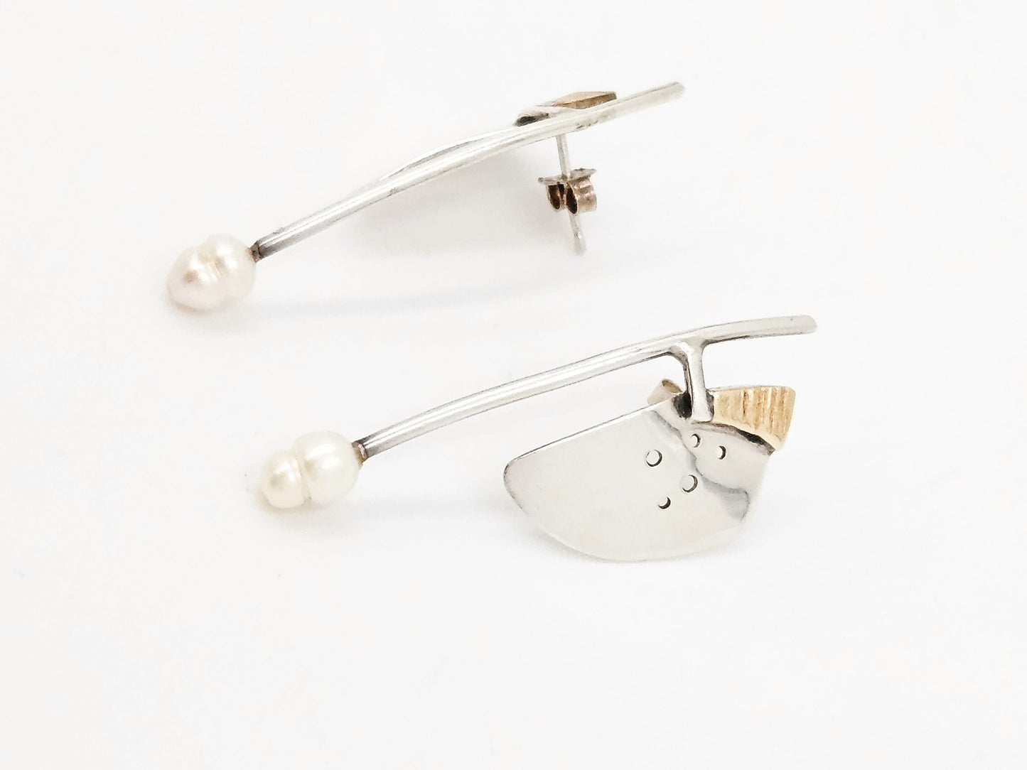 TMCMH Jewelry Artisan Made Sterling Silver 14K Gold Blister Pearl Modernist Long Drop Earrings