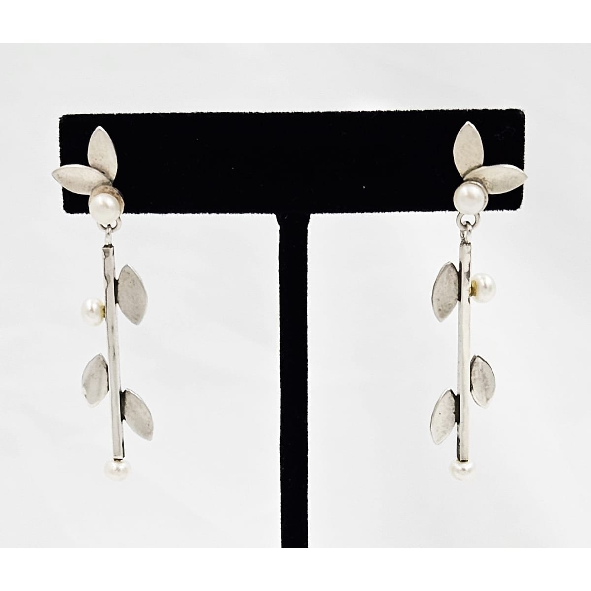 TMCMH Jewelry Artisan Signed  Sterling Silver Blister Pearl Modernist Long Drop Earrings