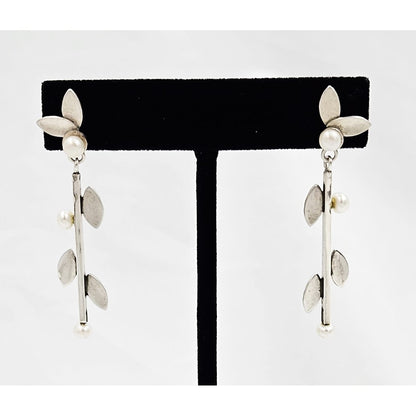 TMCMH Jewelry Artisan Signed  Sterling Silver Blister Pearl Modernist Long Drop Earrings