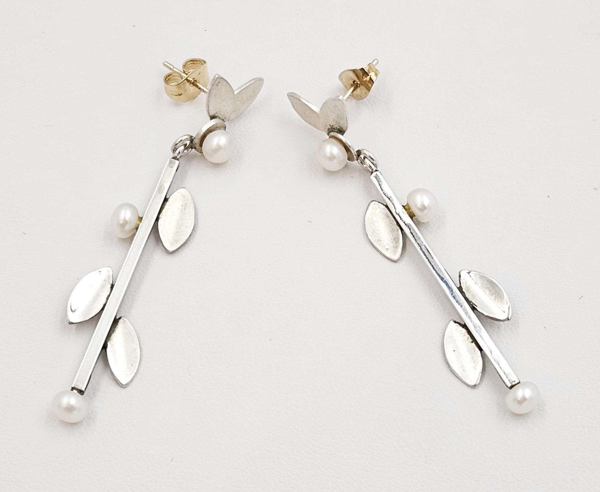 TMCMH Jewelry Artisan Signed  Sterling Silver Blister Pearl Modernist Long Drop Earrings