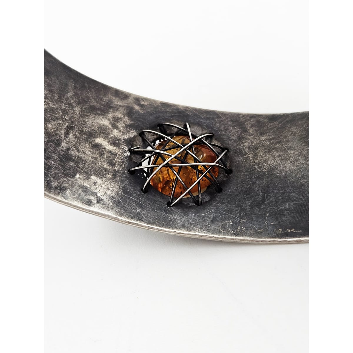 TMCMH Jewelry Sterling &amp; Amber Artisan Signed Modernist Cuff Bracelet