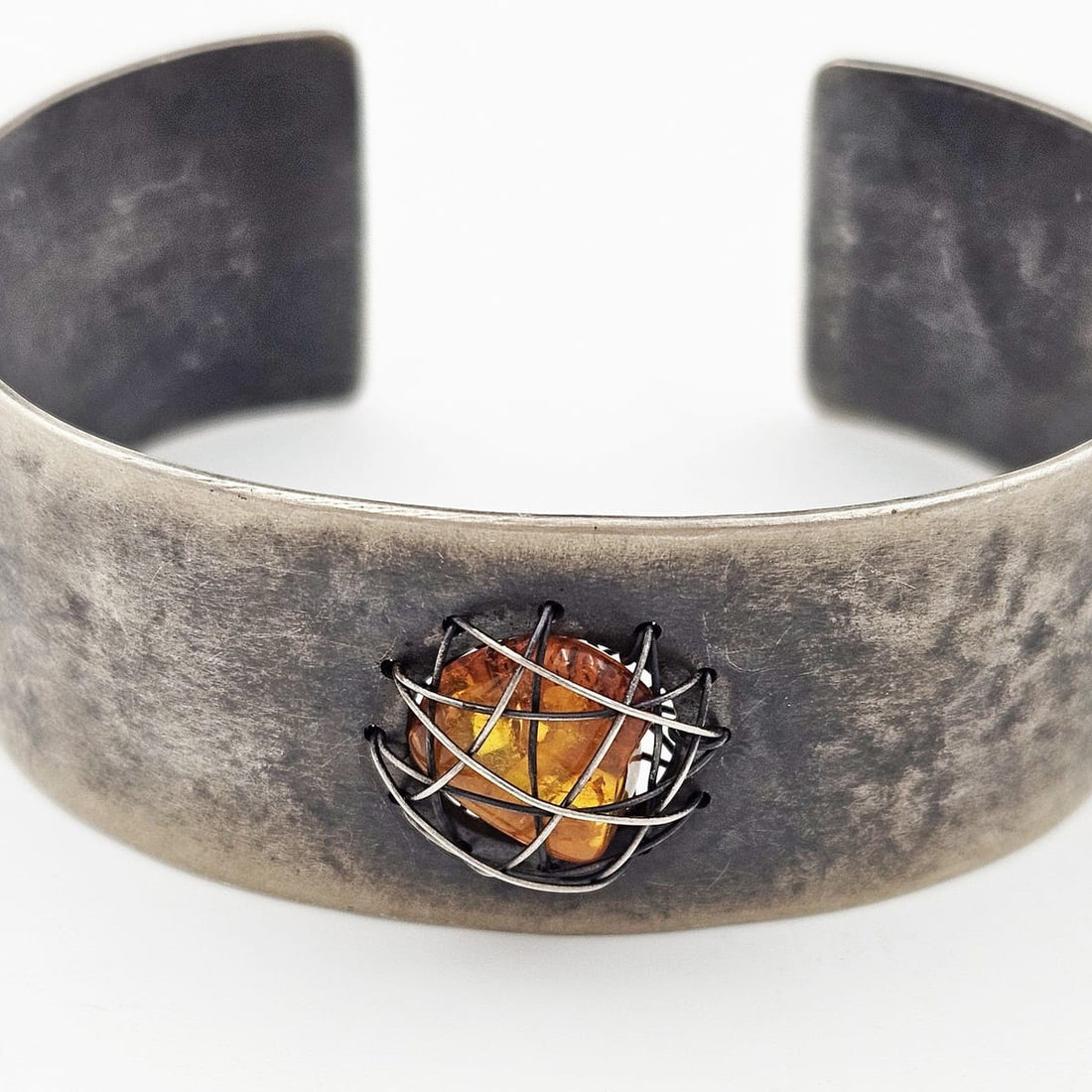 TMCMH Jewelry Sterling &amp; Amber Artisan Signed Modernist Cuff Bracelet