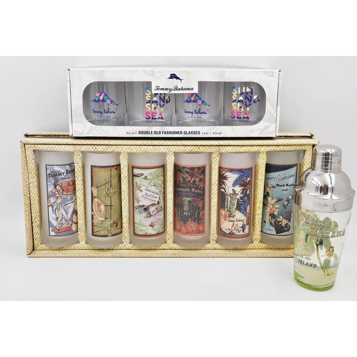 Tommy Bahama Barware NOS Tommy Bahama Boxed Cooler &amp; Whisky Glasses Hula Girl Cocktail Shaker