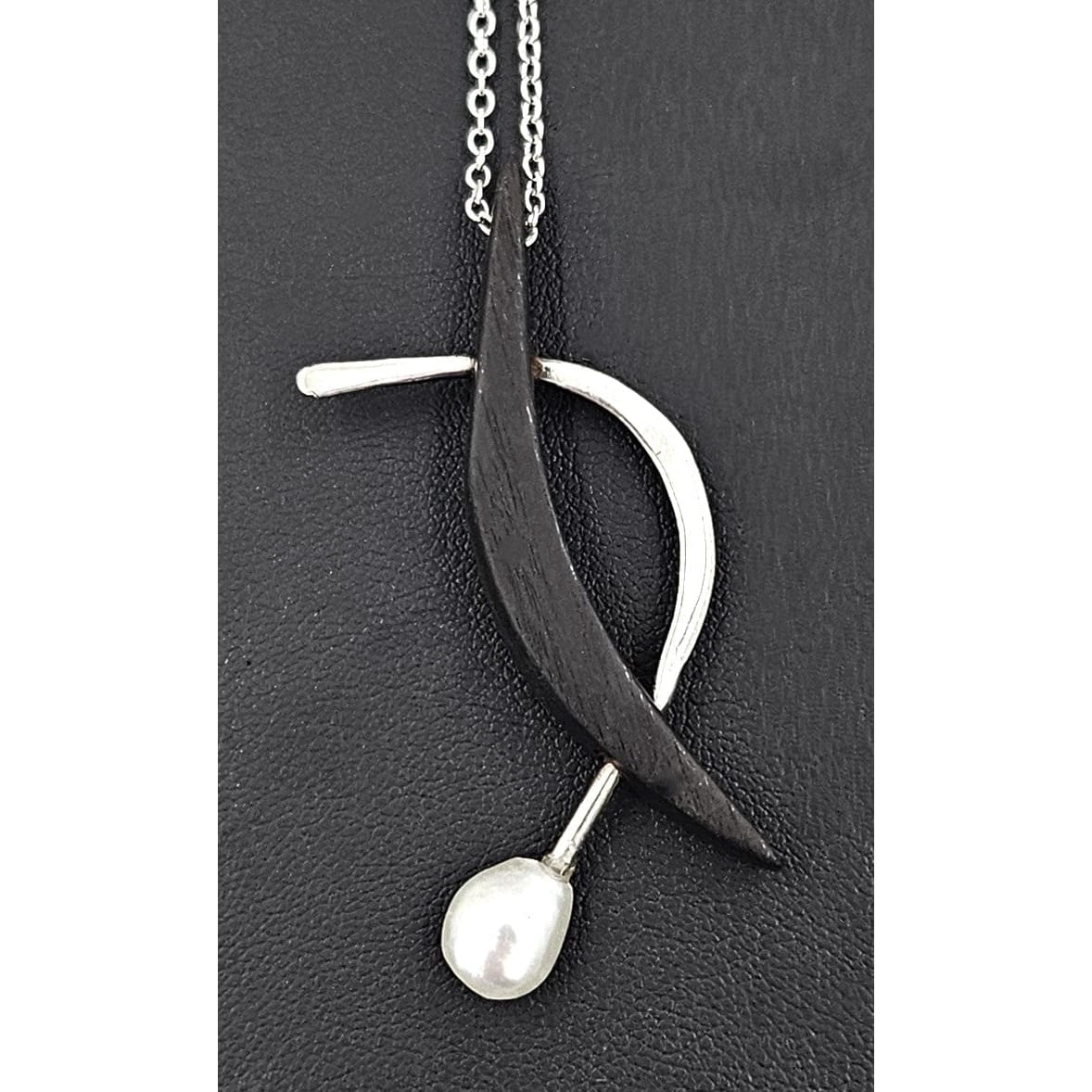 Vintage Artisan Necklace Jewelry Vintage Artisan Abstract Modernist Sterling Pearl Carved Wood Pendant Necklace
