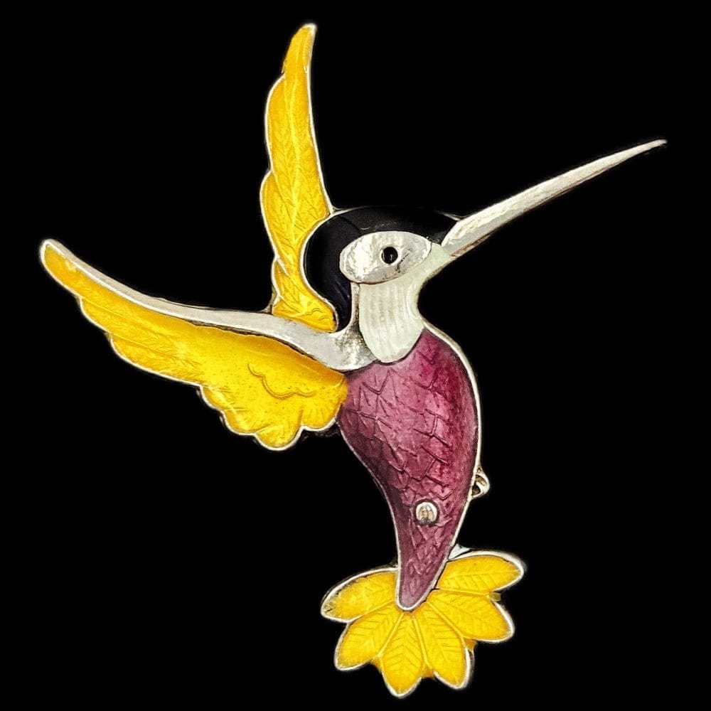 Volmer Bahner Jewelry Dane Volmer Bahner Sterling Enamel Purple Yellow Hummingbird Brooch 1950s
