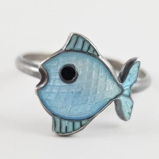 Volmer Bahner Jewelry Danish Designer Volmer Bahner Sterling  &amp; Enamel Fish Ring Circa 1950s