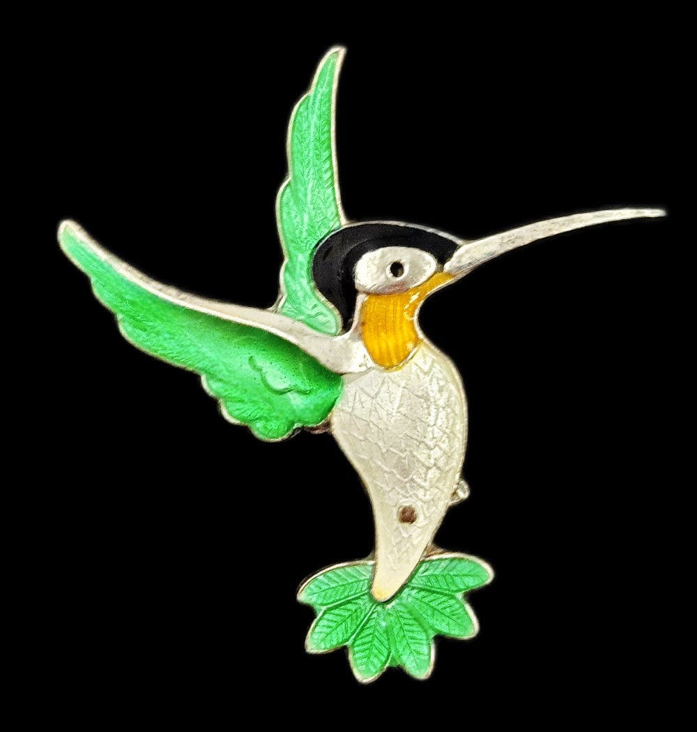 Volmer Bahner Jewelry Denmark Volmer Bahner Sterling Enamel Green White Hummingbird Brooch 1950s