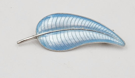 Volmer Bahner Jewelry Volmer Bahner Denmark Sterling Lt Blue Enamel Leaf or Feather Brooch 1950s