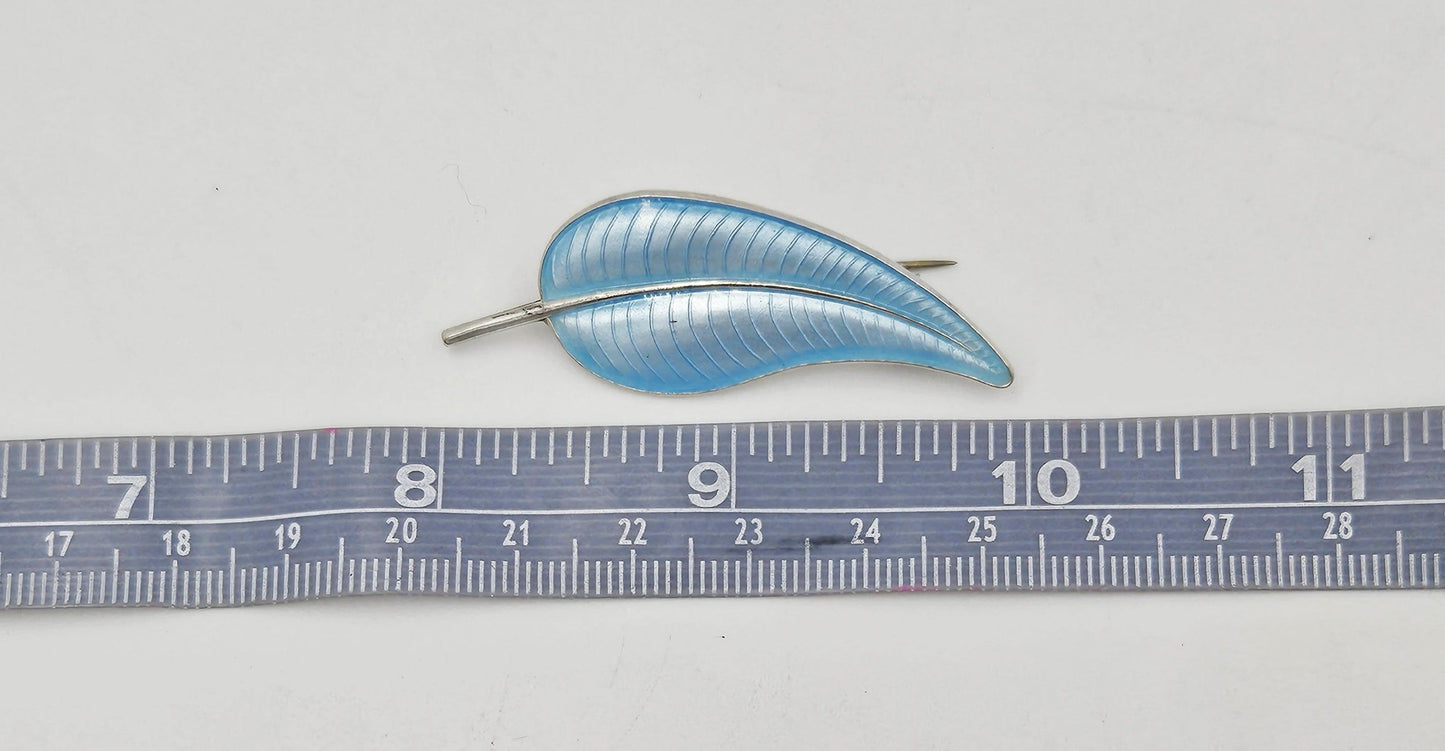 Volmer Bahner Jewelry Volmer Bahner Denmark Sterling Lt Blue Enamel Leaf or Feather Brooch 1950s