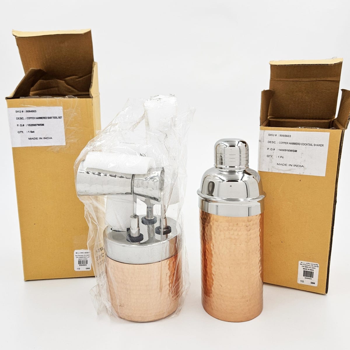 Williams Sonoma Barware NOS Retired Williams Sonoma Bar Tool Hammered Copper Cocktail Shaker Set