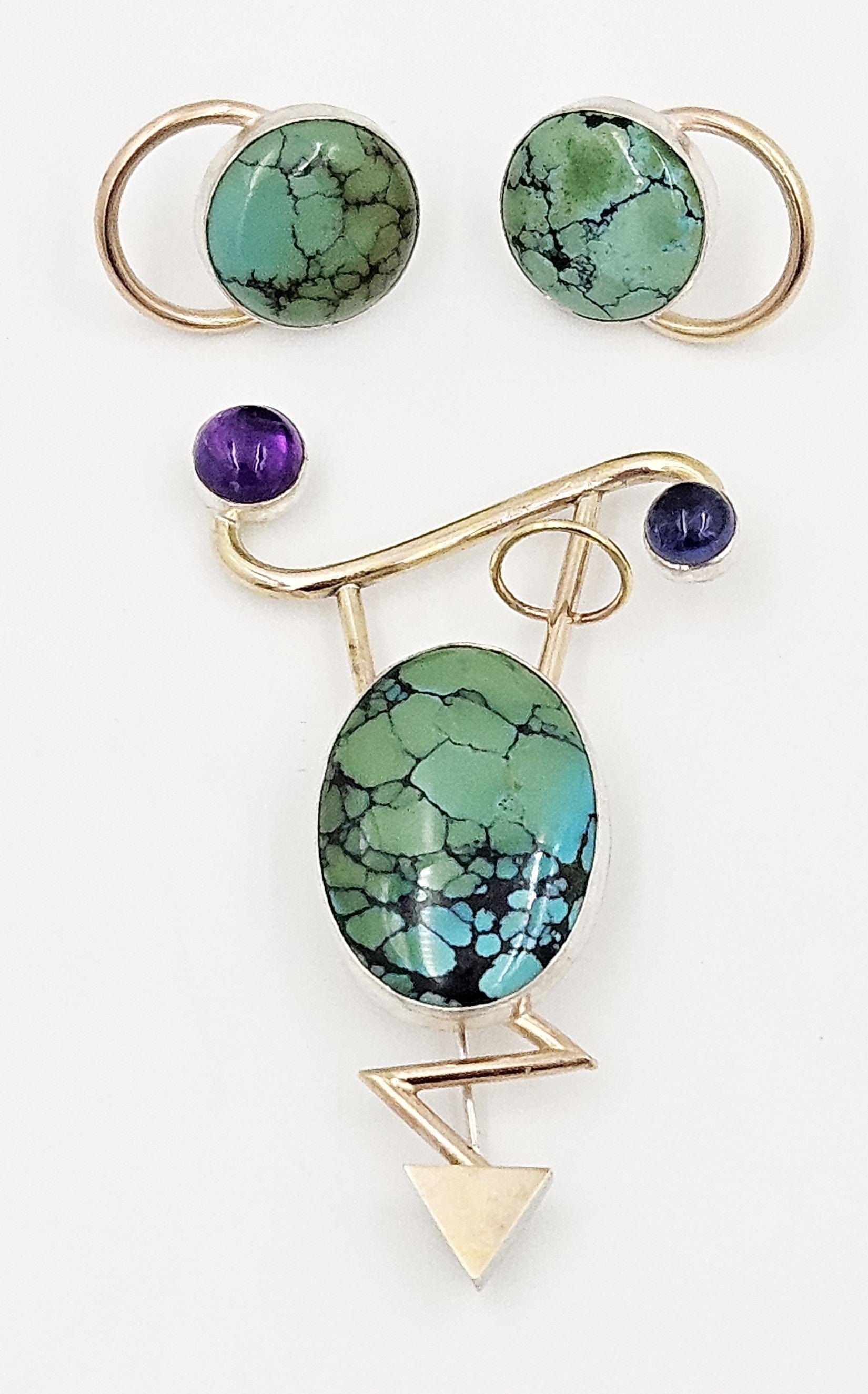 Yumi Ueno Jewelry Designer Yumi Ueno Modernist Sterling 14k Gold Stone Brooch & Earrings Set