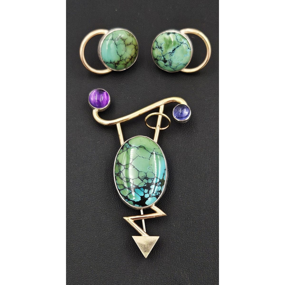 Yumi Ueno Jewelry Designer Yumi Ueno Modernist Sterling 14k Gold Stone Brooch &amp; Earrings Set