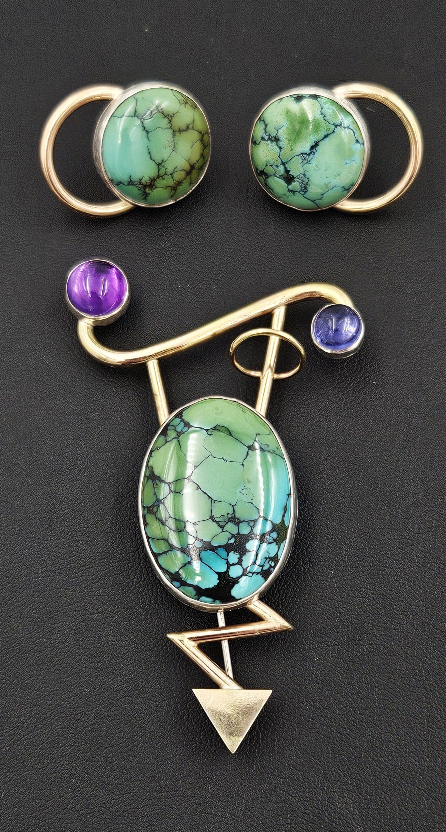 Yumi Ueno Jewelry Designer Yumi Ueno Modernist Sterling 14k Gold Stone Brooch & Earrings Set