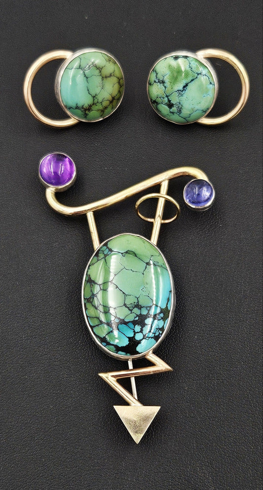 Yumi Ueno Jewelry Designer Yumi Ueno Modernist Sterling 14k Gold Stone Brooch & Earrings Set