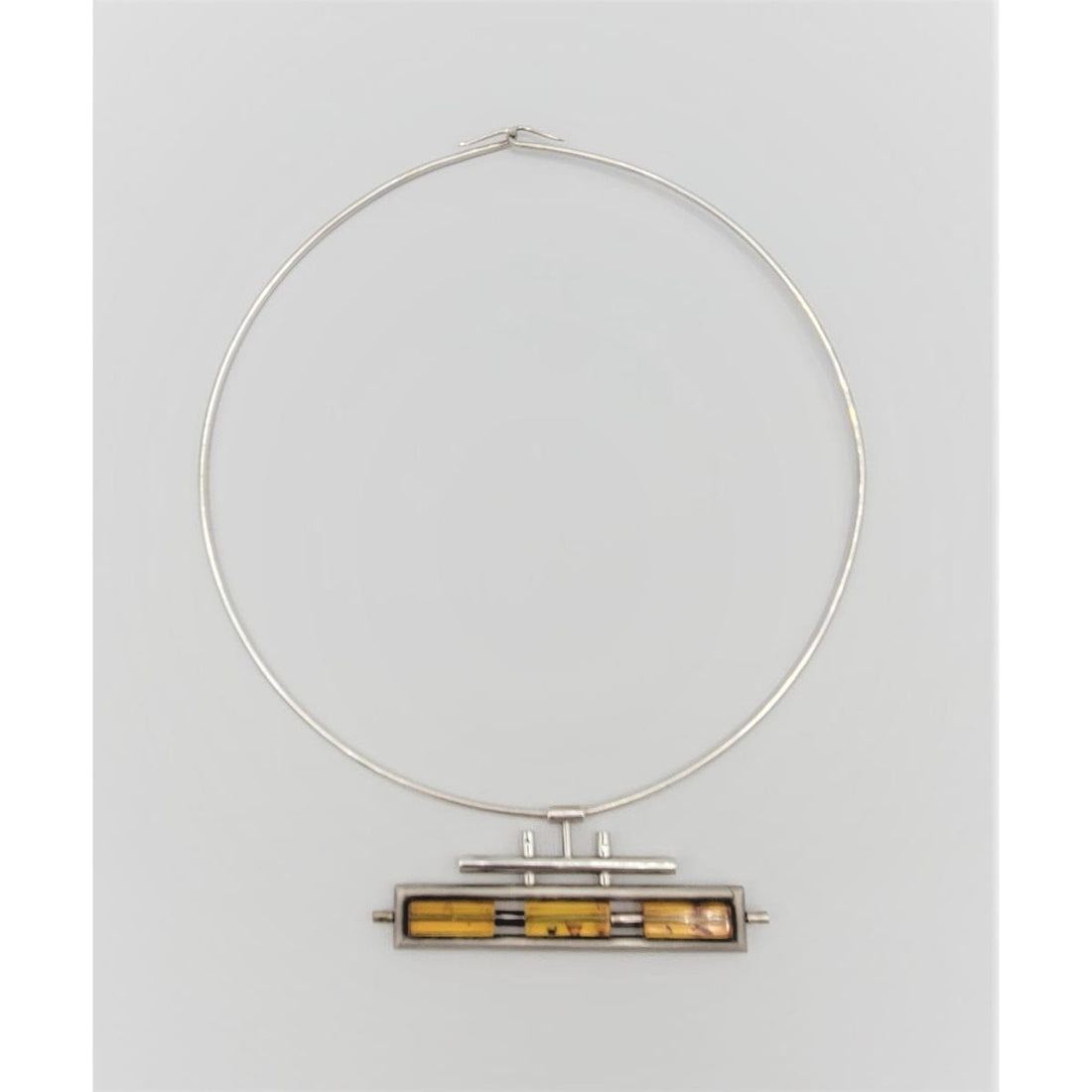 925 Amber Neck Ring Jewelry Vintage Designer Sterling &amp; Amber Abstract Modernist Pendant Neck Ring 1980s