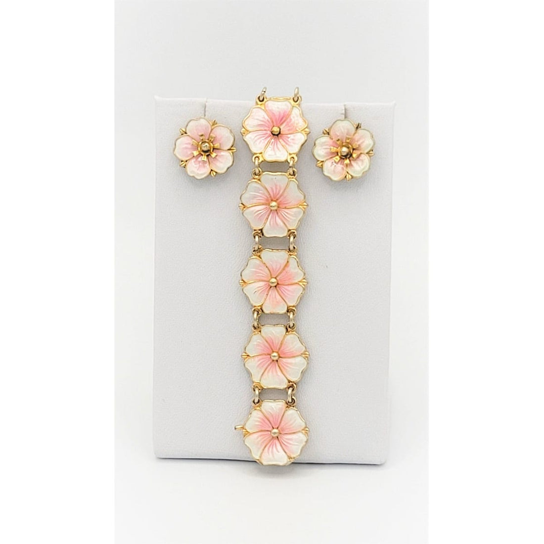 Aksel Holmsen Jewelry Holmsen Norne Norway Sterling Enamel Tropical Flowers Bracelet Earrings Set 1940s
