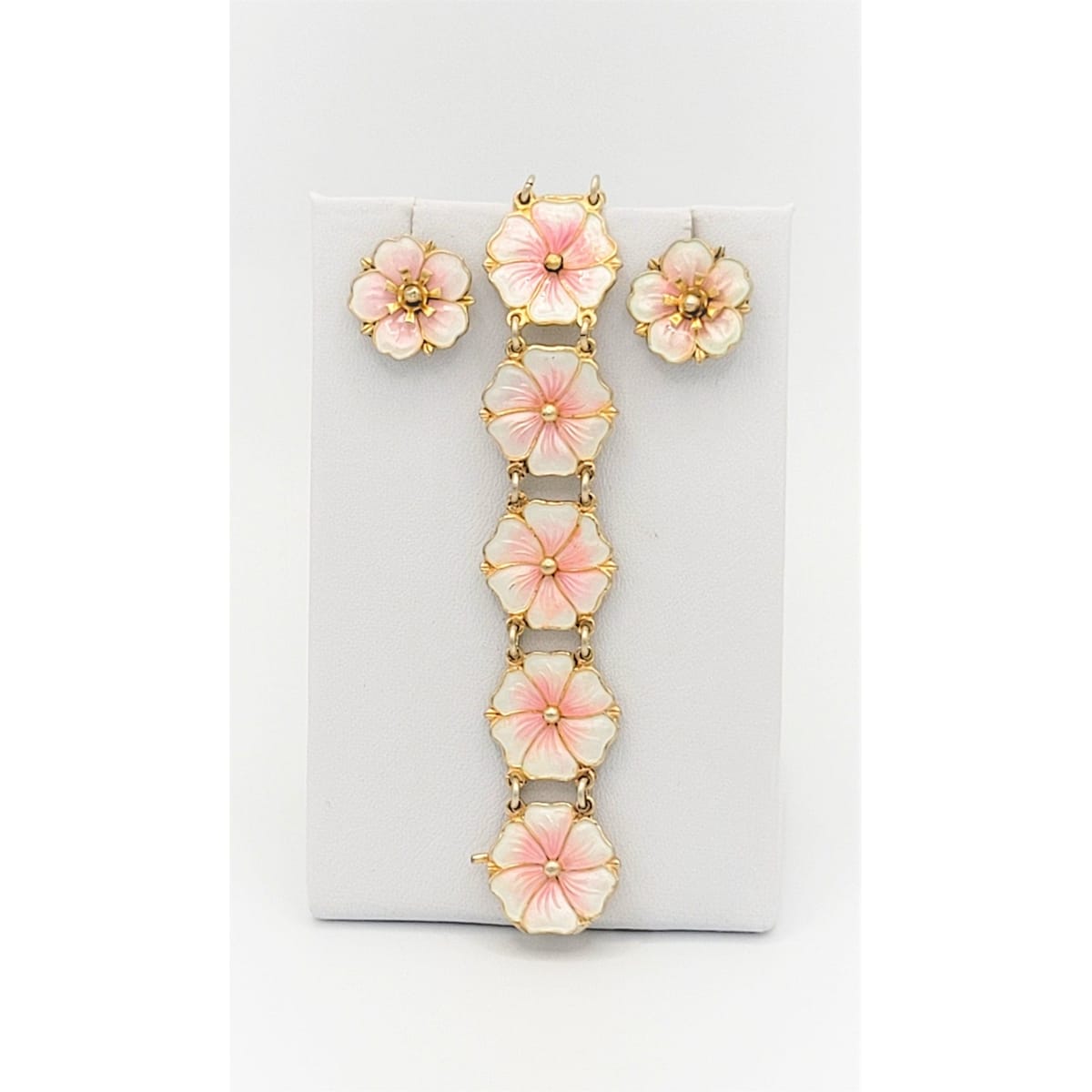 Aksel Holmsen Jewelry Holmsen Norne Norway Sterling Enamel Tropical Flowers Bracelet Earrings Set 1940s
