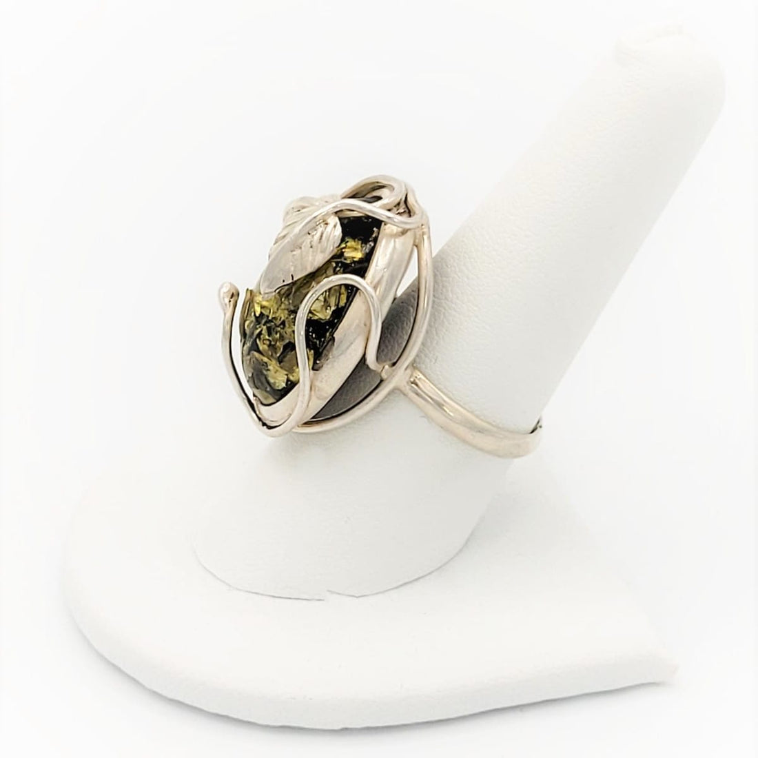 Amber Sterling Jewelry Vintage Sterling Silver &amp; Amber Abstract Fauna Large Statement Cocktail Ring