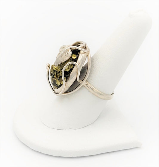 Amber Sterling Jewelry Vintage Sterling Silver & Amber Abstract Fauna Large Statement Cocktail Ring