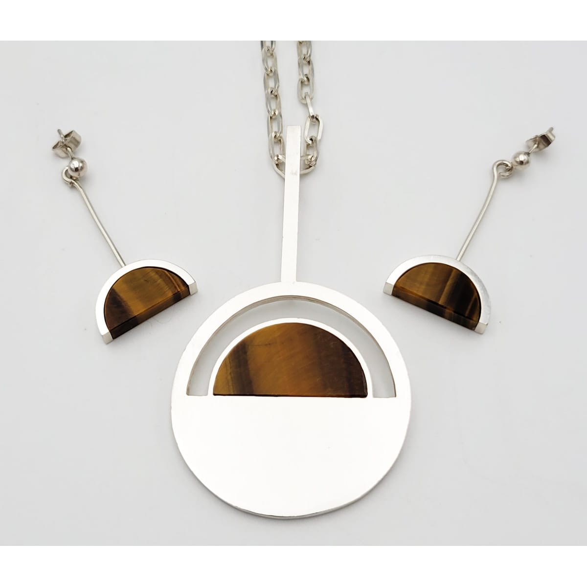 Arne Johansen Jewelry Danish Designer  Arne Johansen Modernist Sterling Tigers Eye Necklace Earring Set