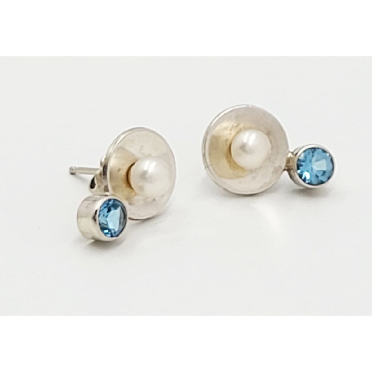 B Levy Earrings Artisan Signed Sterling Silver and 14K Gold Earrings Pearl &amp; Blue Topaz B Levy