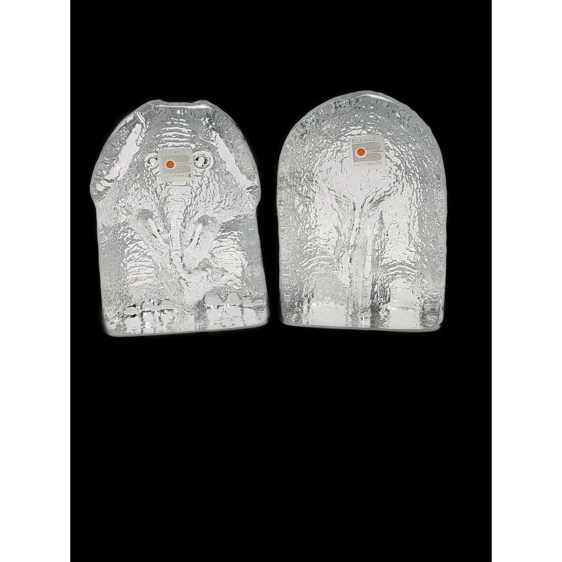 Blenko Bookends Vintage Clear Blenko Glass Clear Elephant Head &amp; Tail Bookend Set Mint Cond