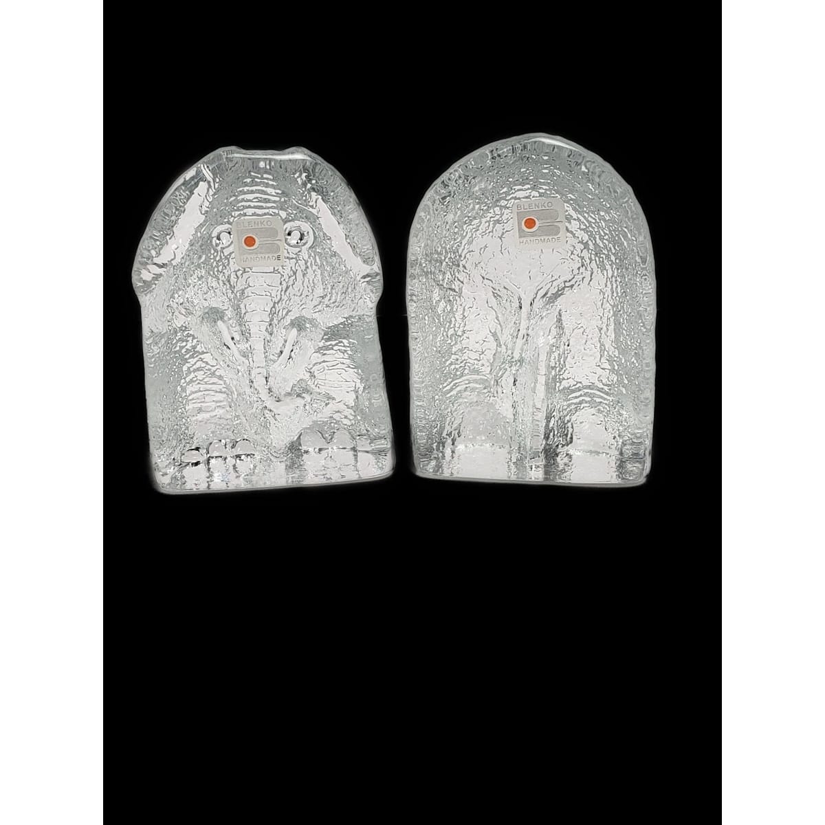 Blenko Bookends Vintage Clear Blenko Glass Clear Elephant Head &amp; Tail Bookend Set Mint Cond