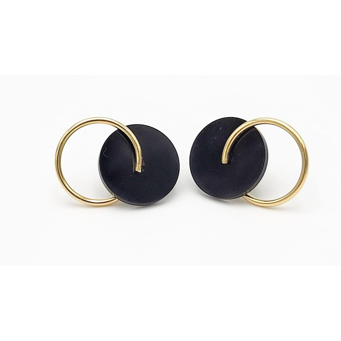 BO 14K Jewelry Designer Signed 14k Gold &amp; Black Lucite Abstract Modernist Earrings Circa 1980&