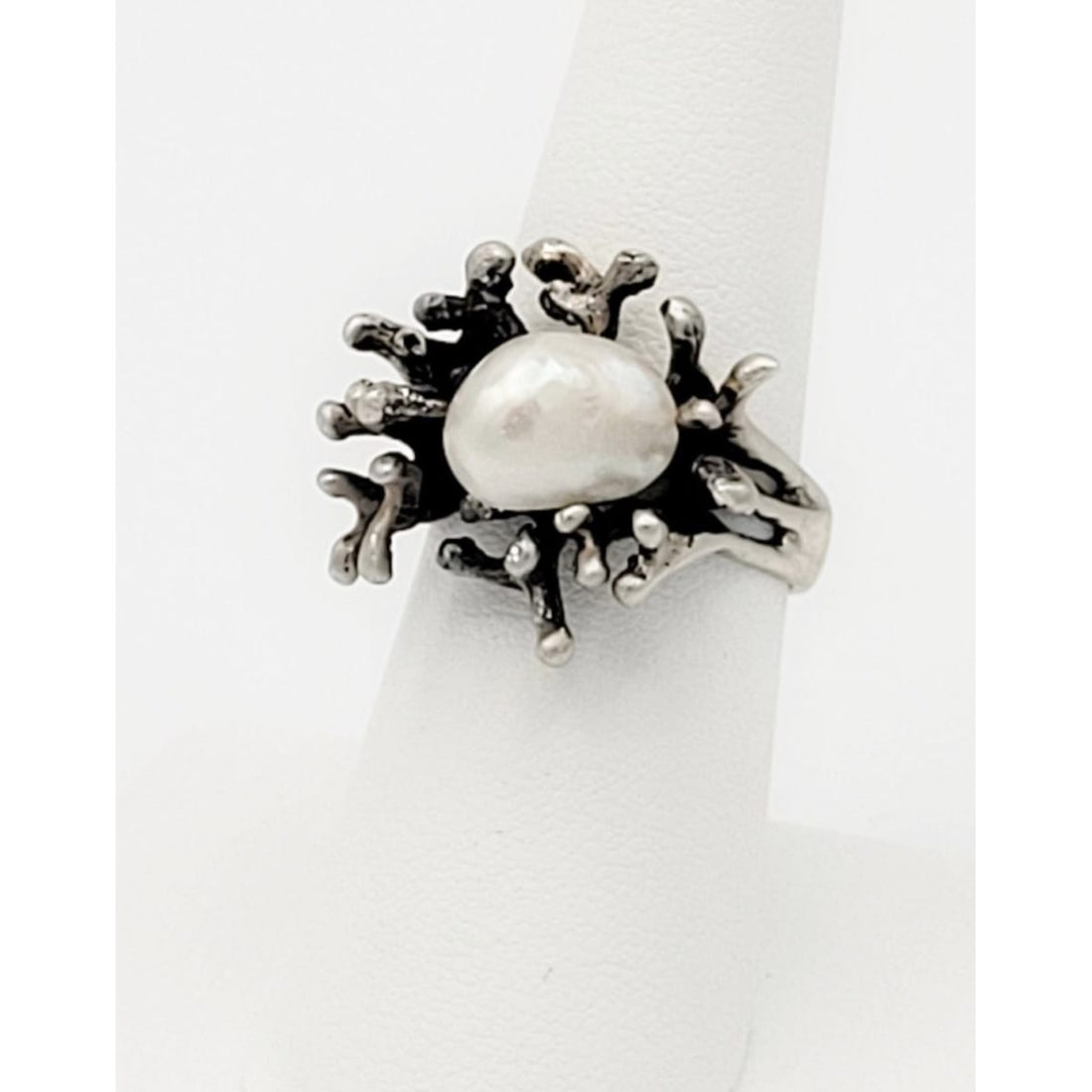 Brutalist Sterling Ring Jewelry Vintage Artisan Modernist Brutalist Sterling &amp; Pearl Birds Nest Cocktail Ring - Signed