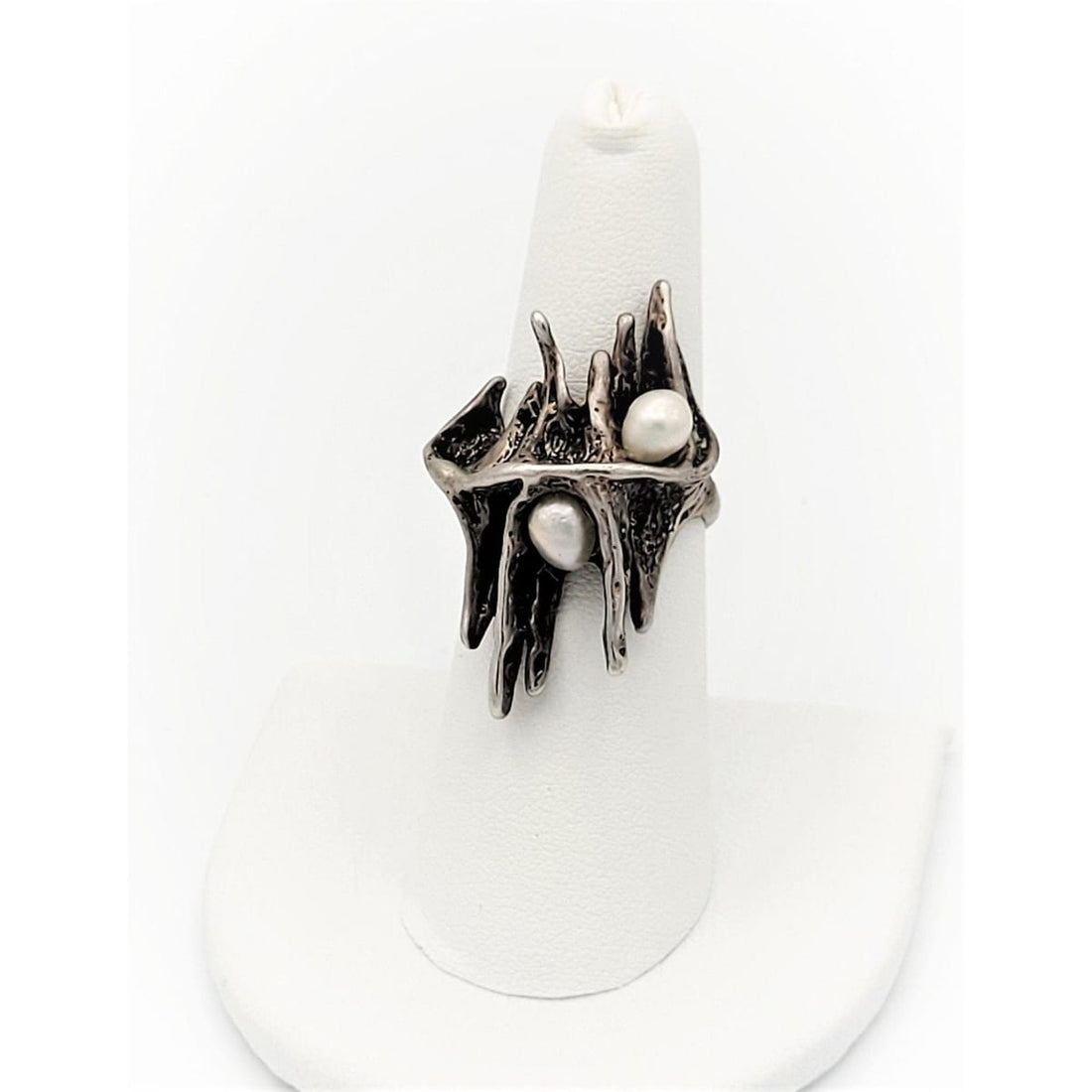Brutalist Sterling Ring Jewelry Vintage Sterling Silver Modernist Abstract Brutalist Style Ring with 2 Accent Pearls