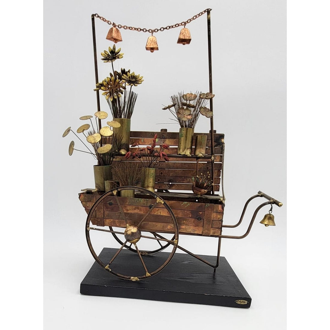 Vintage Designer Curtis Jere 3-D Brass Copper Flower Cart Sculpture Circa 1960s - Trendy MCM Home