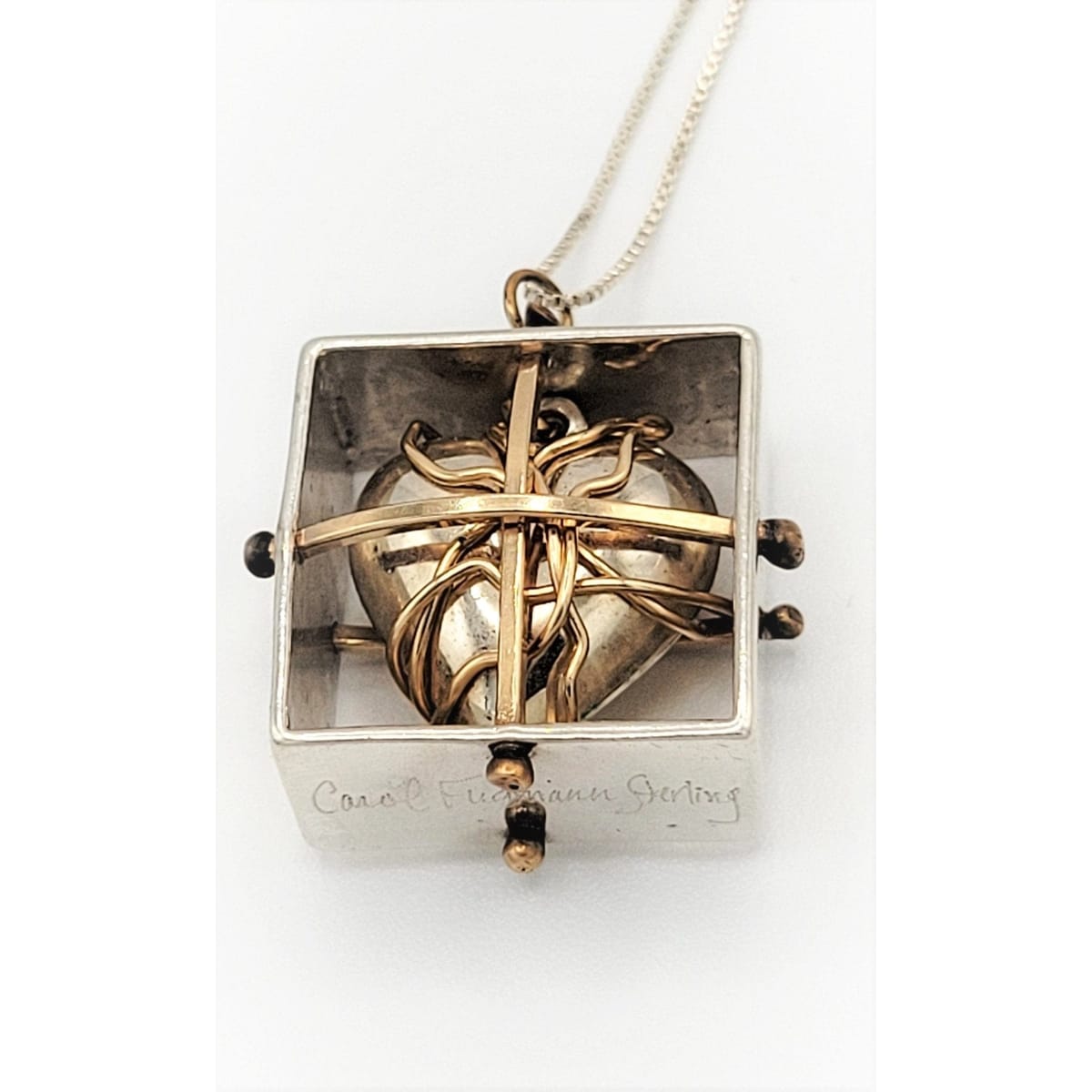 Carol Fugmann Jewelry Superb 925 &amp; 14kt Gold MODERNIST Lockbox Heart Carol Fugmann Signed Pendant