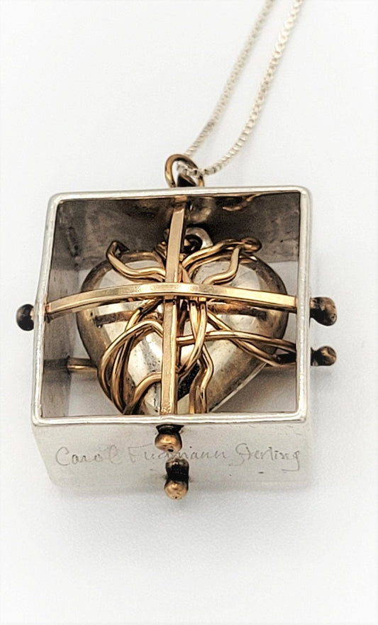 Carol Fugmann Jewelry Superb 925 & 14kt Gold MODERNIST Lockbox Heart Carol Fugmann Signed Pendant