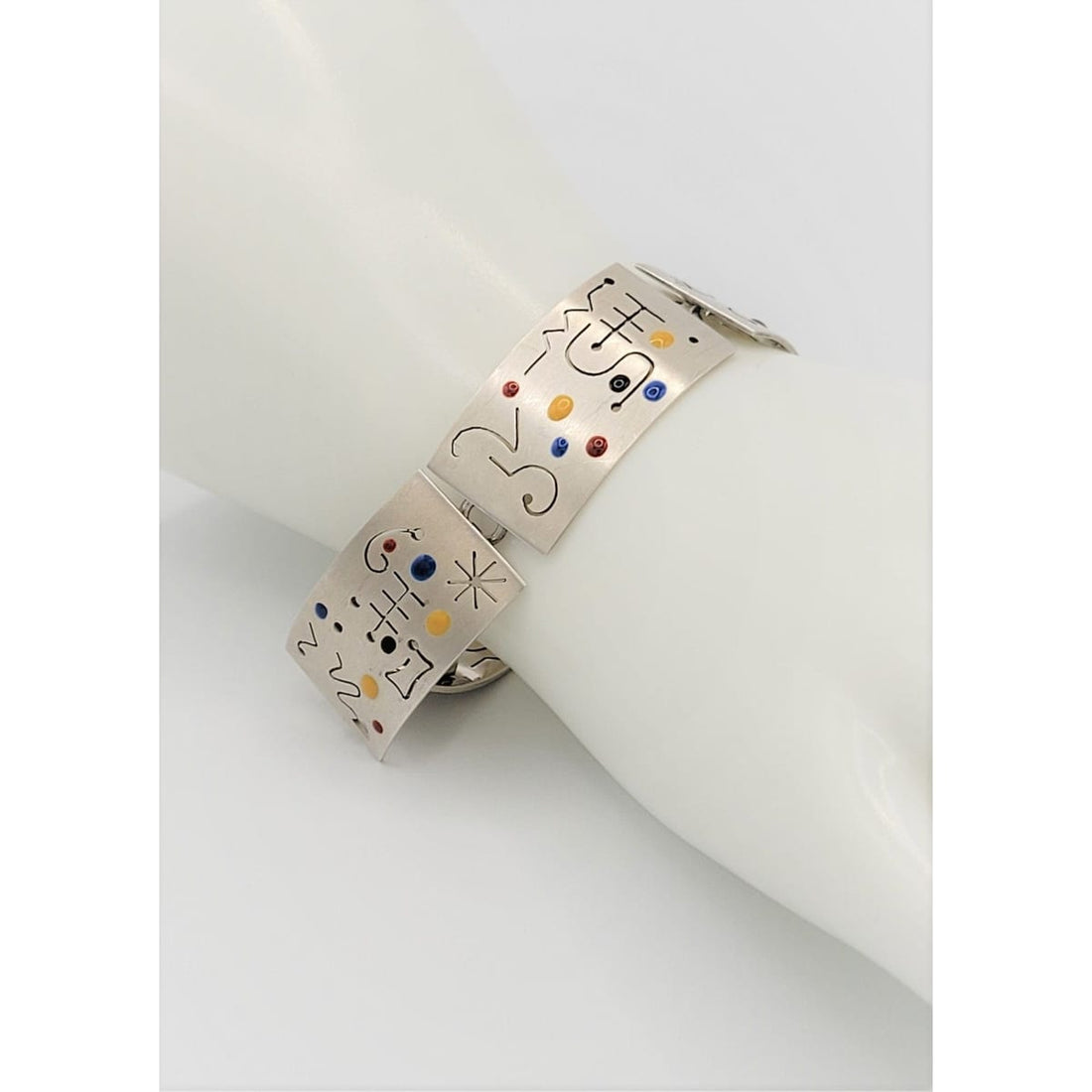 Carol Jewelry Vintage 925SS &amp; Enamel Retro Atomic Modernist Bracelet Signed CAROL Circa 1950s