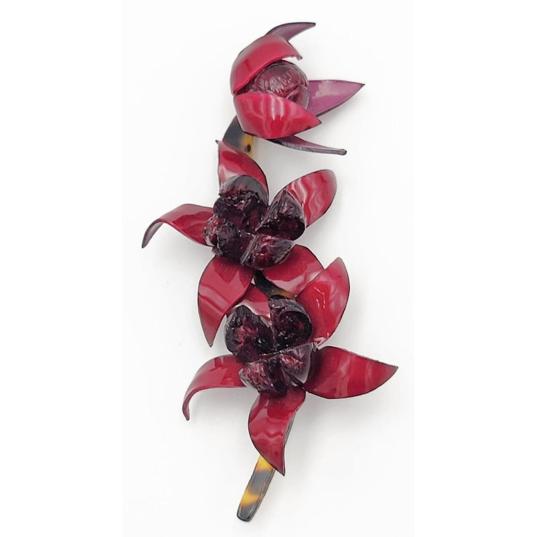 Cilea Paris Jewelry French Ciléa Paris Massive Tortoise &amp; Burgundy Lucite Orchid Flower Brooch 1990s